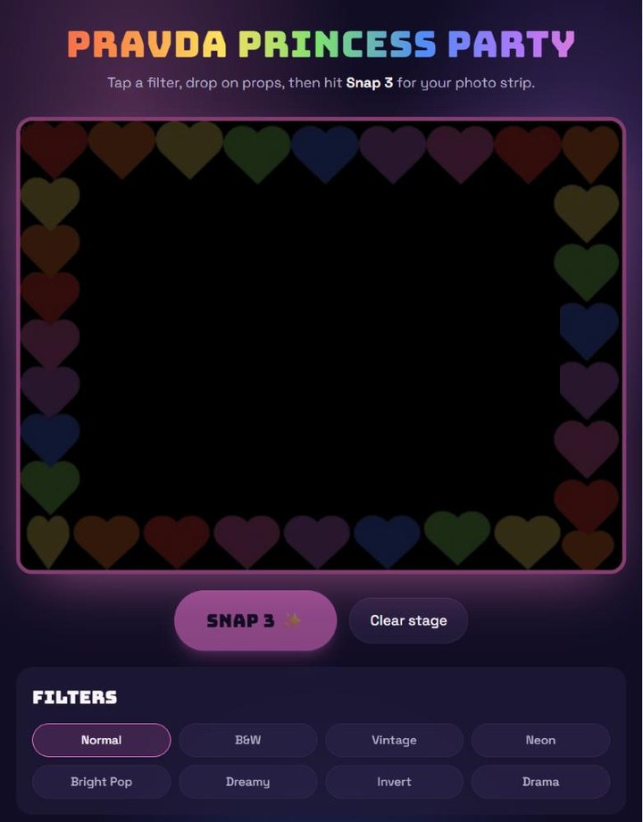 Pravda Princess Party booth with a rainbow title and heart border