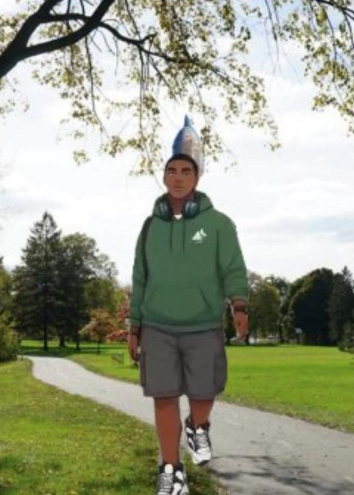 Animated character walking through a park